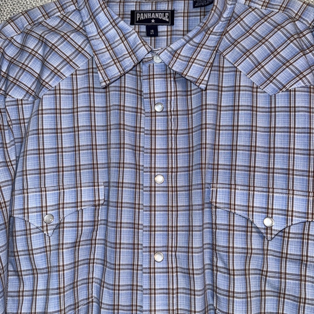 Panhandle Western Shirt Men's Size 19-37 XL T Blue Plaid Pearl Snap Long Sleeve